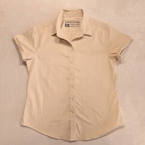 Androgynous Fox Womans Short Sleeve Button Shirt Large Khaki Cotton Outdoor